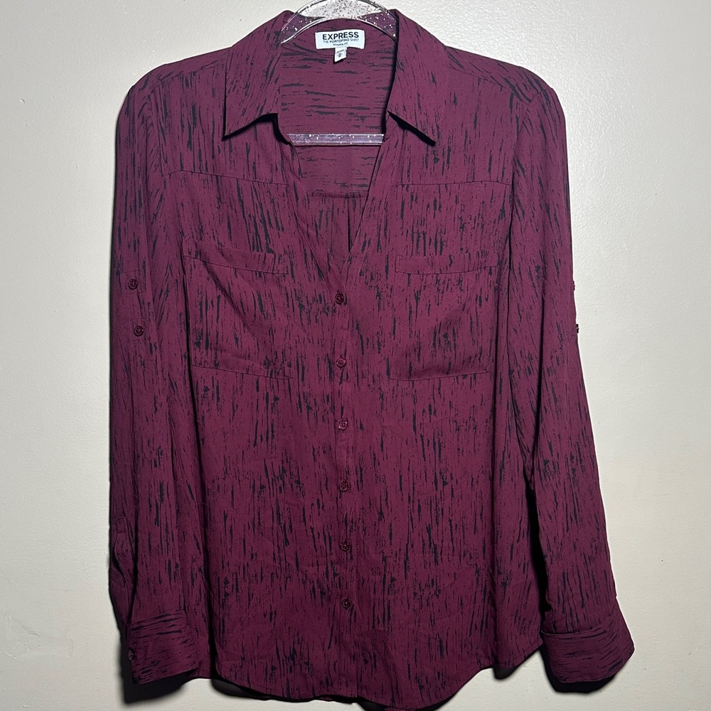 Express Portofino Medium Maroon Black Print Long‎ Sleeved top